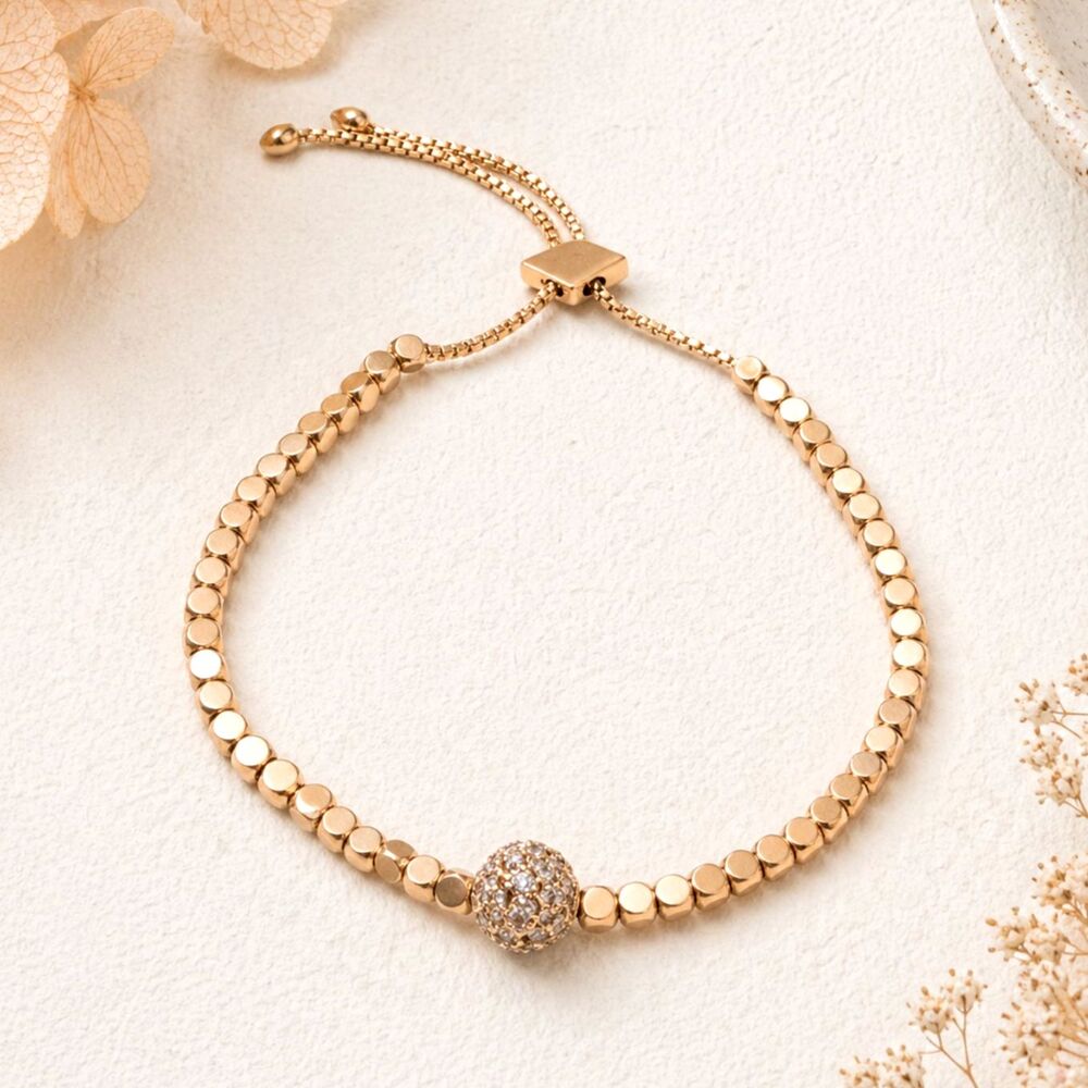 Gold Tone Cube and Rhinestone Bead Shamballa Style Bracelet Signed VB